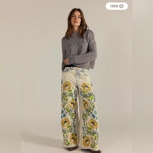 We The Free Cream Floral Embroidered Jeans